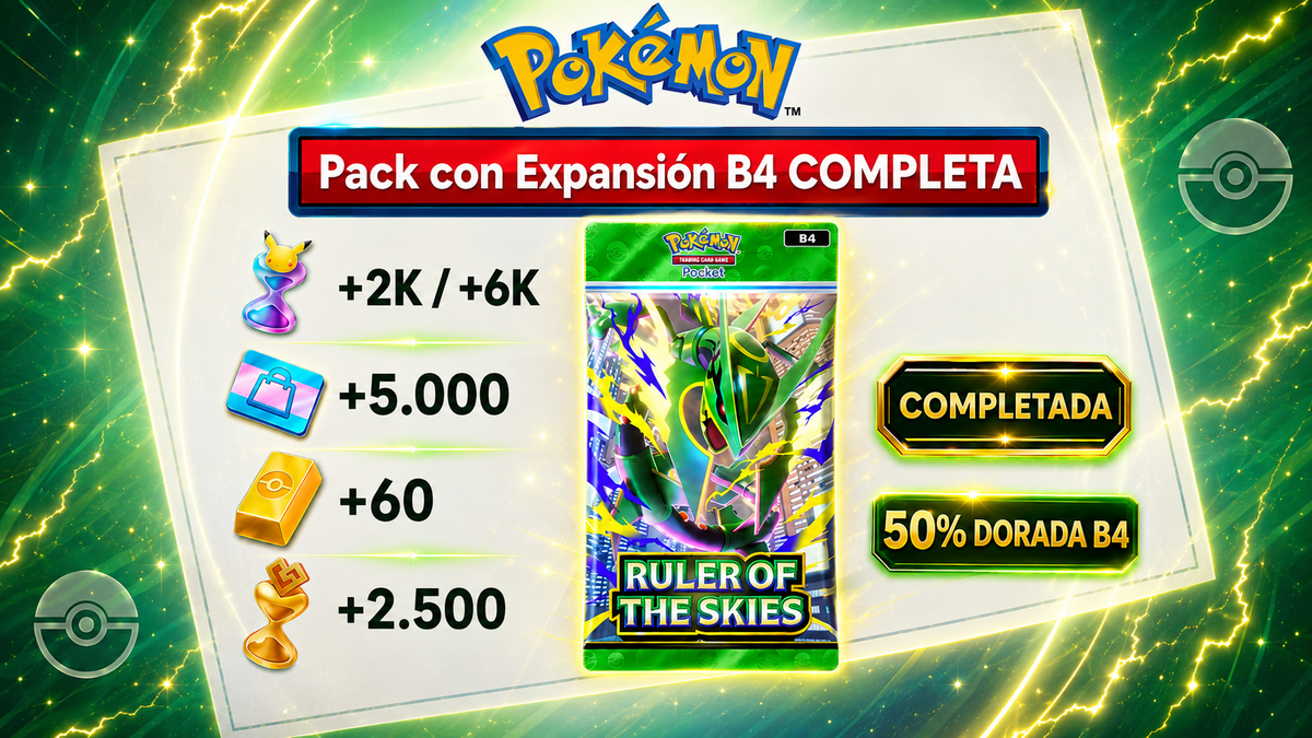 Pack B4 EXPANSIÓN Completa 166 o 500 SOBRES DORADA B4 50% Pokémon TCG Pocket: 60 Lingotes - Cartas Ex Random