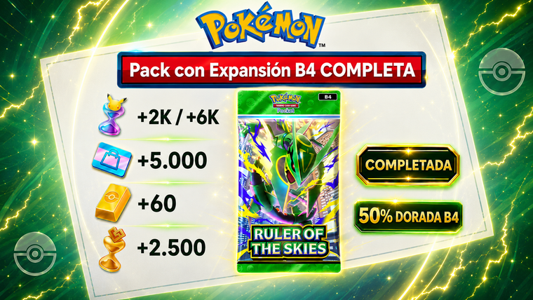 Pack B4 EXPANSIÓN Completa 166 o 500 SOBRES DORADA B4 50% Pokémon TCG Pocket: 60 Lingotes - Cartas Ex Random