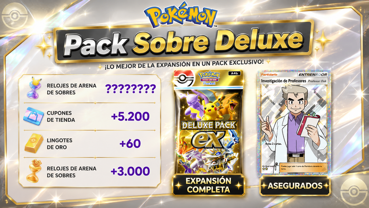 Pack SOBRE DELUXE COMPLETO (PROFESOR ASEGURADO) 166 o 500 SOBRES DORADA 50% Pokémon TCG Pocket: 60 Lingotes
