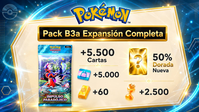 Pack B3a EXPANSIÓN Completa DORADA RANDOM 50% Pokémon TCG Pocket: 60 Lingotes - Cartas Ex Random